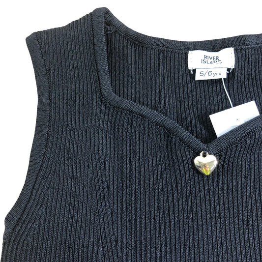River Island Girls Black Sleeveless Top 5-6 Years Ribbed Ruffle Hem Heart Charm