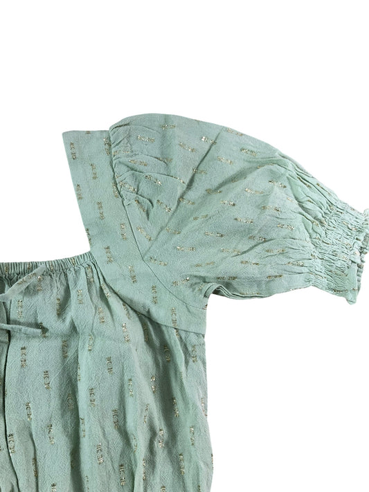 RIVER ISLAND Girls Mint Green Blouse Floral Puff Sleeve Cotton Top 9-10 Years