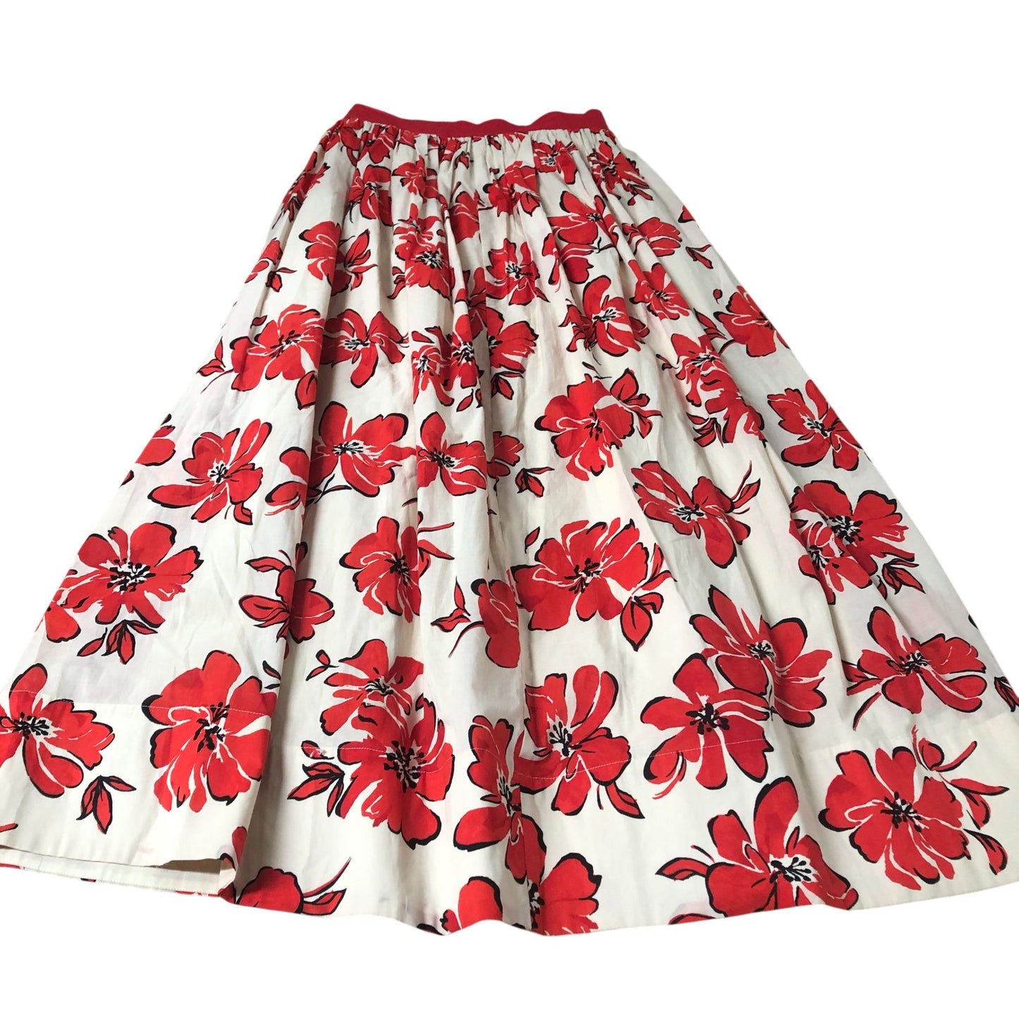 Floral Midi Skirt Women's Red White Cotton Flared Style UK8