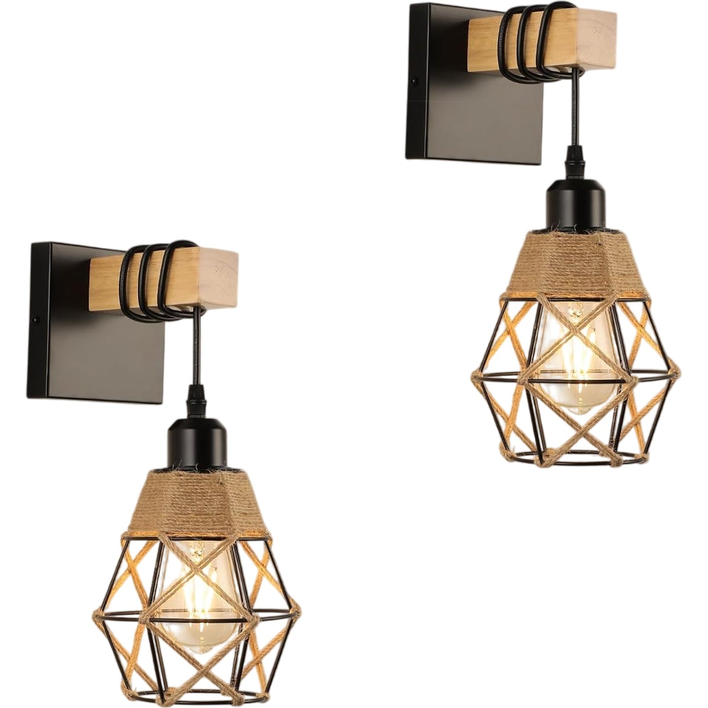 VULOOBER Industrial Wall Light 2 Pcs Wooden Retro Style Geometric Design