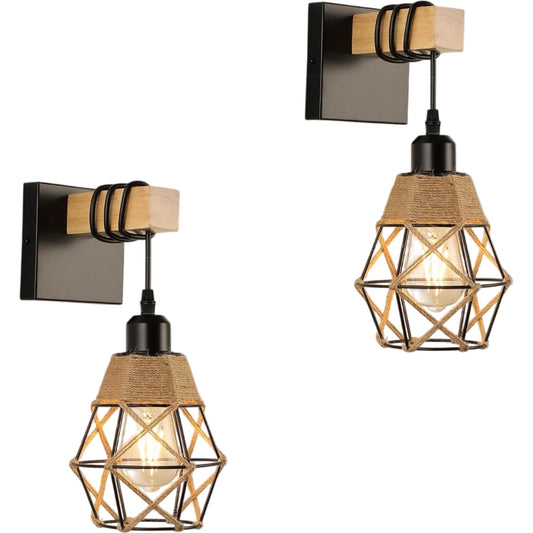 VULOOBER Industrial Wall Light 2 Pcs Wooden Retro Style Geometric Design