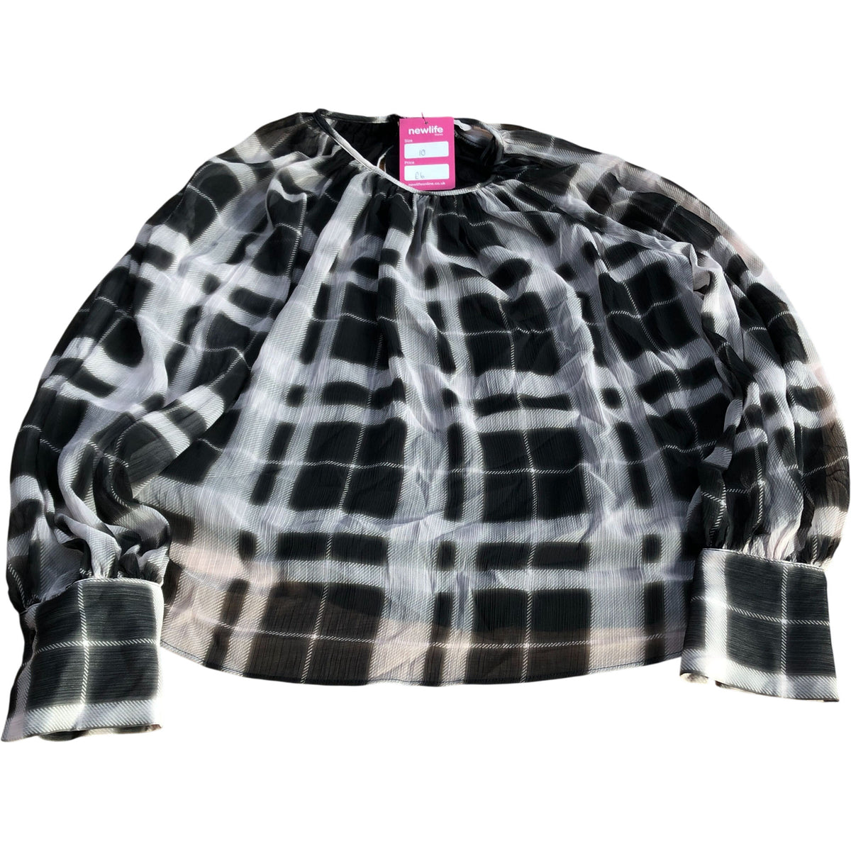 Blouse Size 10 Women's Black White Check Pattern Long Sleeve Top