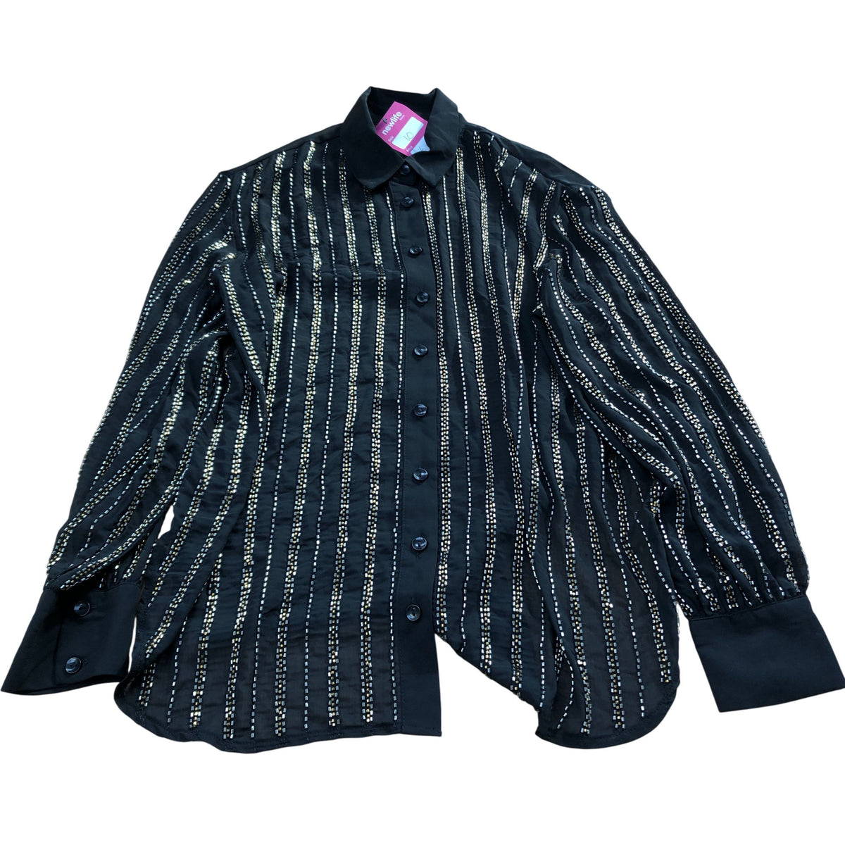 Sheer Black Button Up Blouse Size 10 Women's Metallic Striped Design
