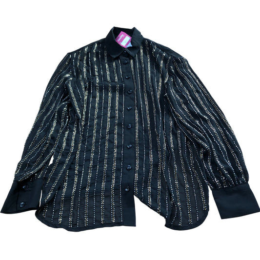 Sheer Black Button Up Blouse Size 10 Women's Metallic Striped Design