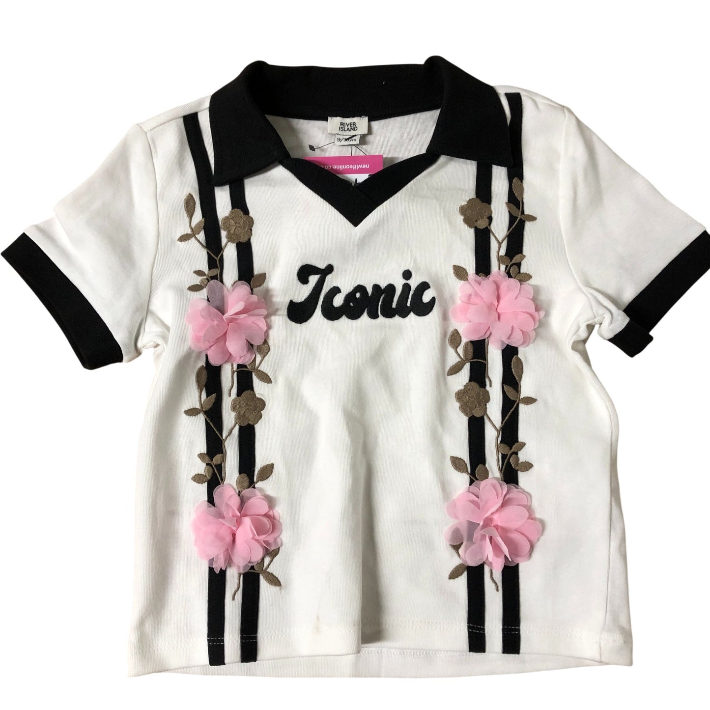 River Island T-Shirt White Floral Design Black Trim Girl's Casual Top 9-10 Years