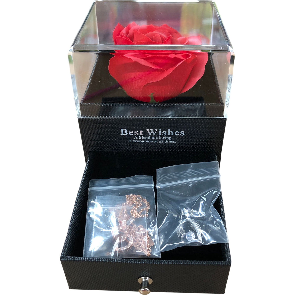 Best Wishes Jewellery Box With Red Rose And Necklace Gift Set