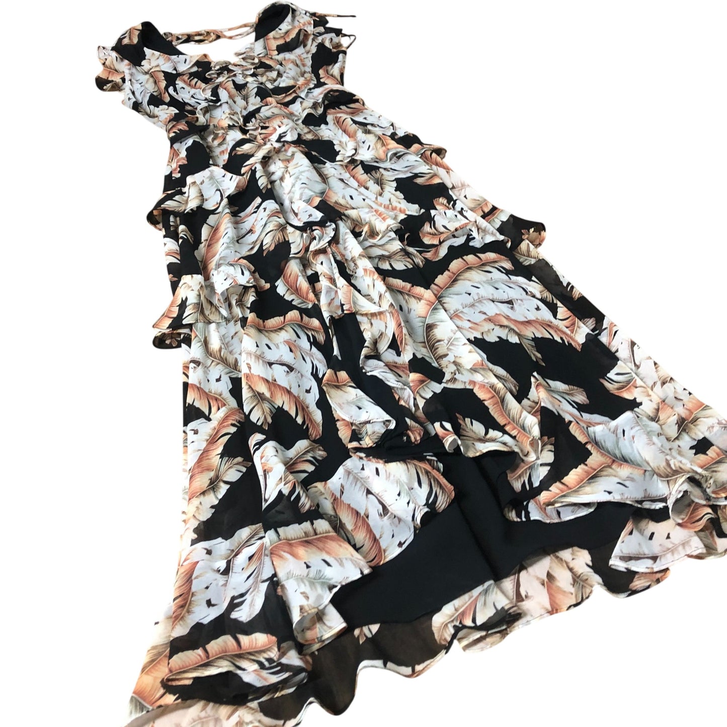 Floral Ruffle Maxi Dress Women's Black Cream Leaf Print UK8