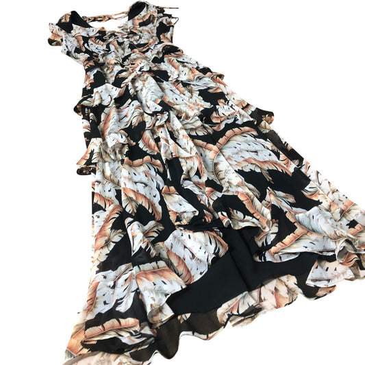 Floral Ruffle Maxi Dress Women's Black Cream Leaf Print UK8