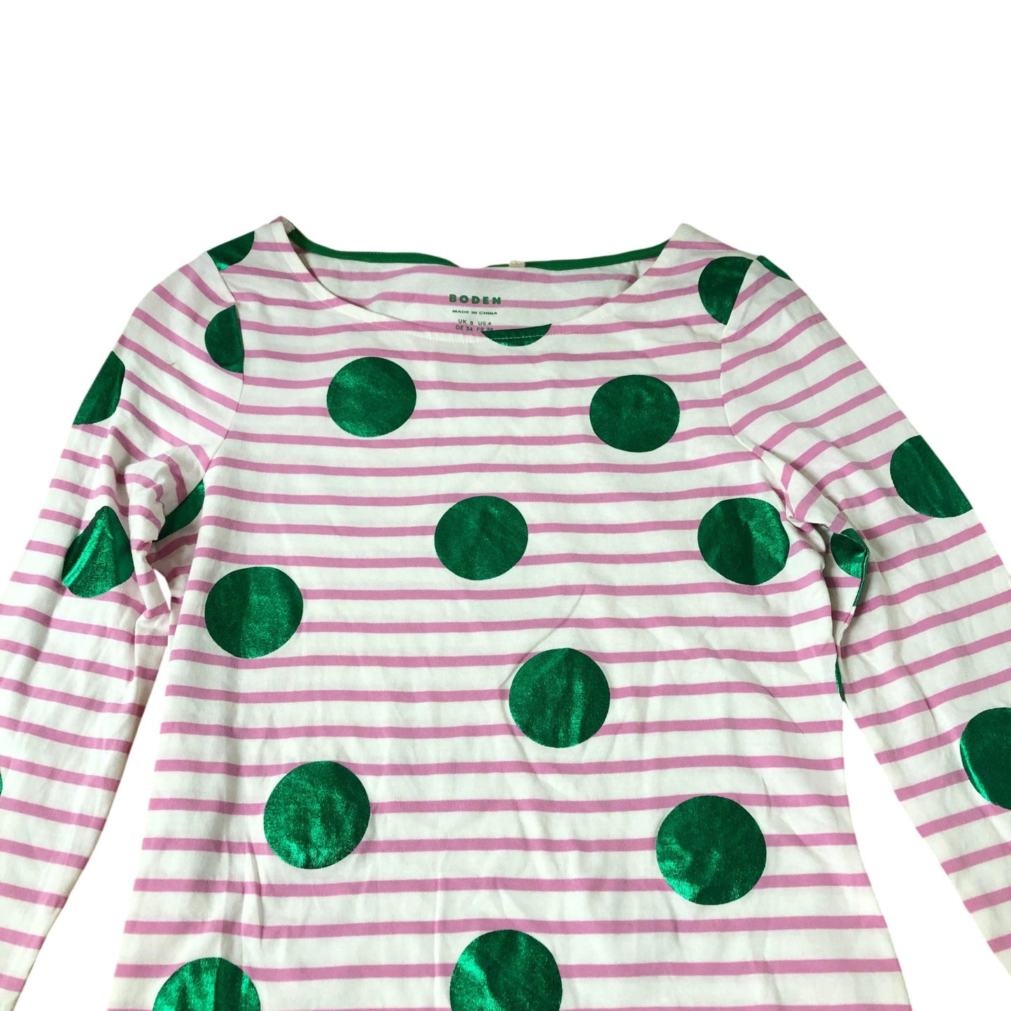 Long Sleeve Top Women’s Green Spots Pink Stripe Size UK8
