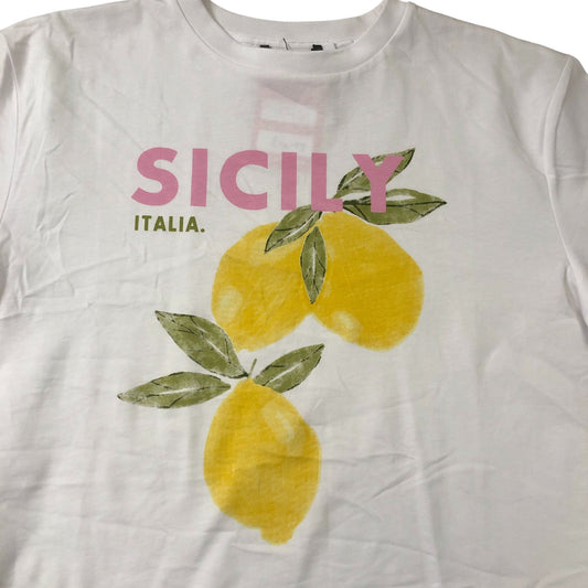 Sicily Italia T Shirt M Women's White Graphic Print Lemon Design