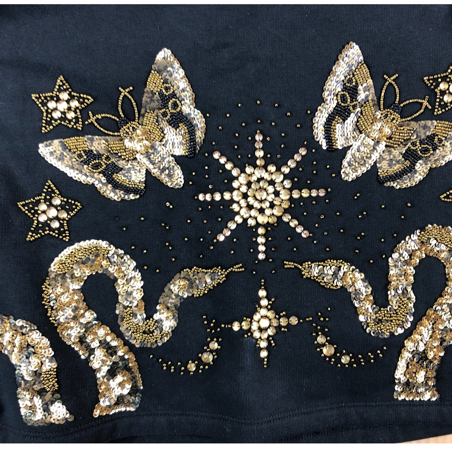 AllSaints Small Women's Black Cropped Sweatshirt Sequin Detail Butterfly Snake