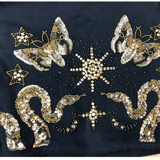 AllSaints Small Women's Black Cropped Sweatshirt Sequin Detail Butterfly Snake