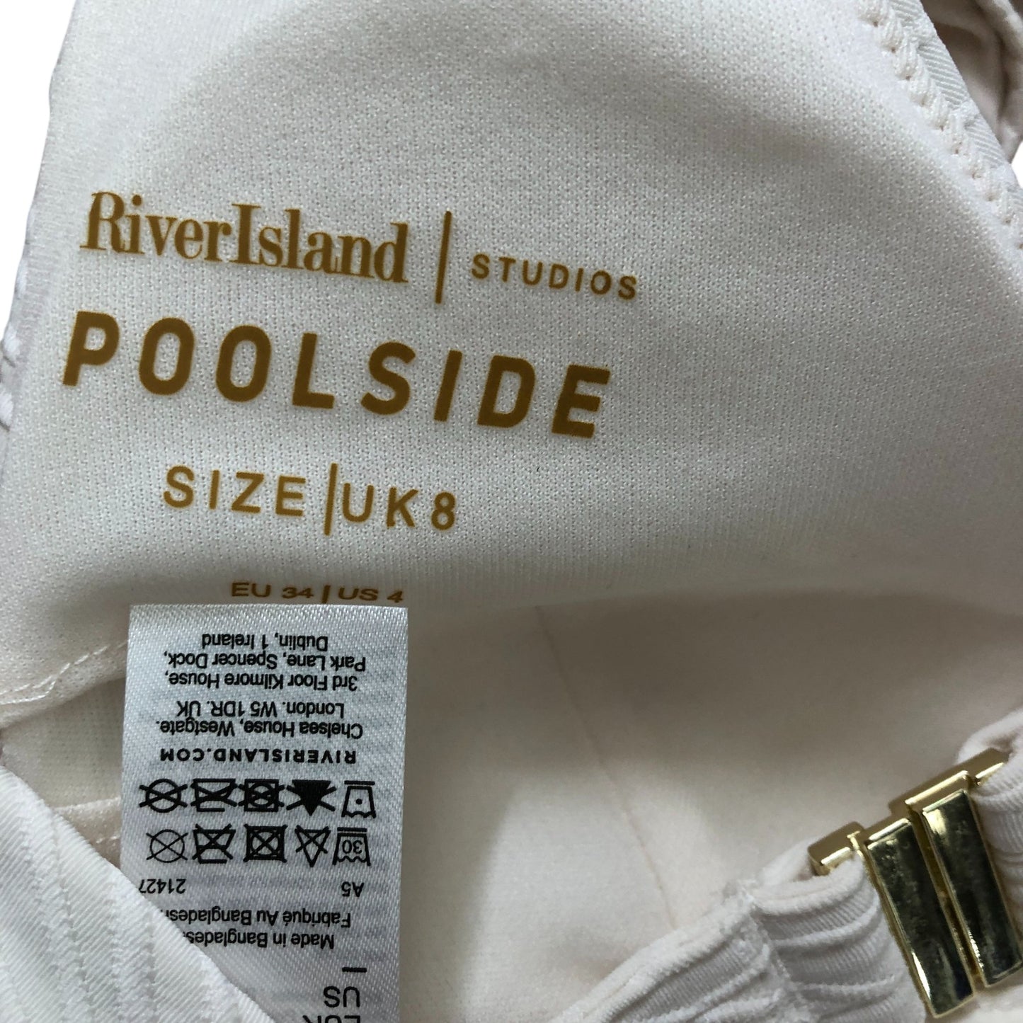 River Island Poolside Women's Cream Bikini Top Ribbed Design Gold Details Size 8