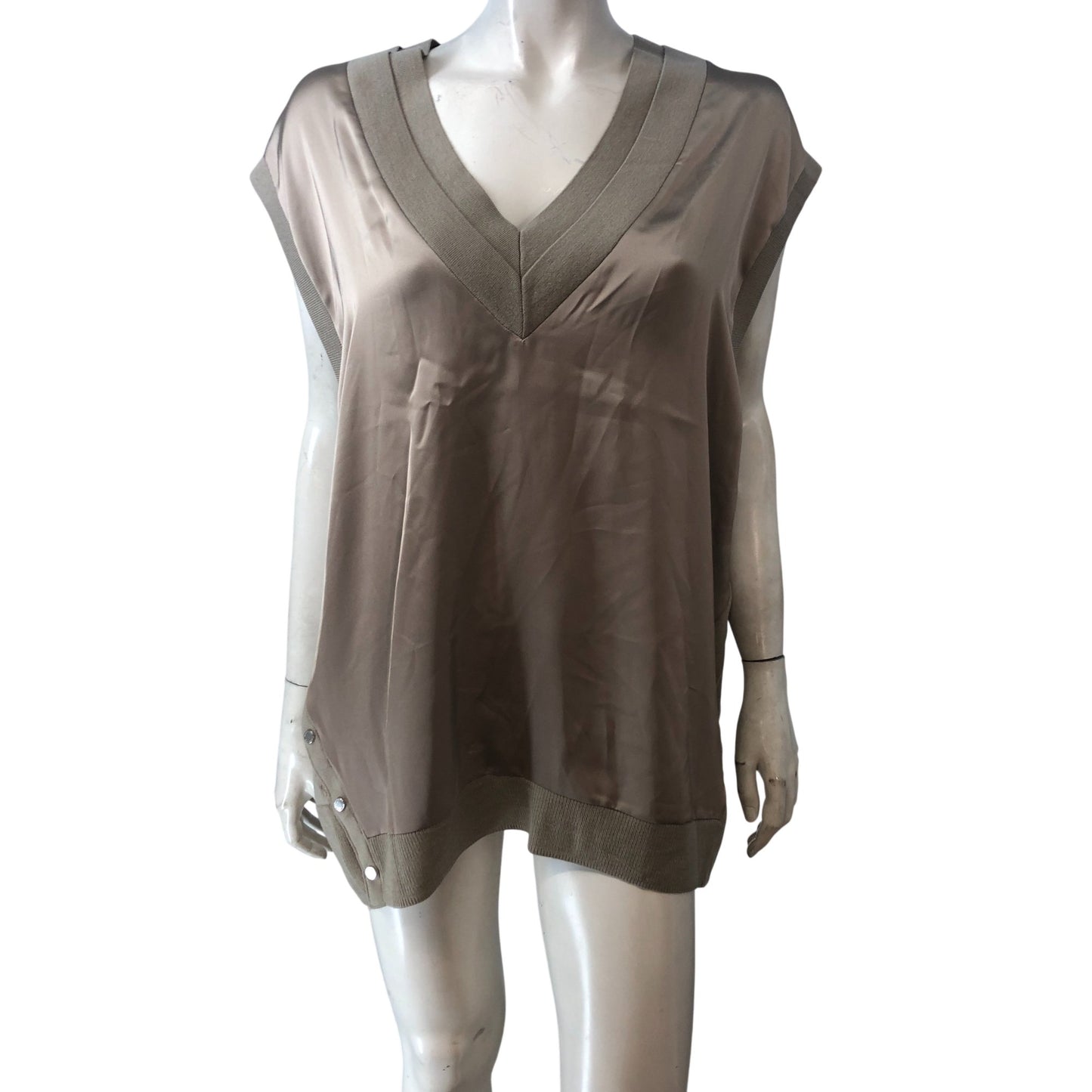 All Saints Women's Large Beige V Neck Button Detail Top Casual Loose Fit