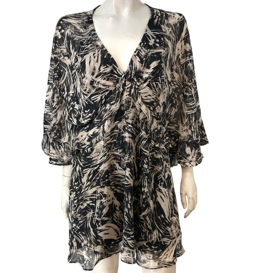 River Island UK12 Women's Short Sleeve Dress Brown Dark Floral Design