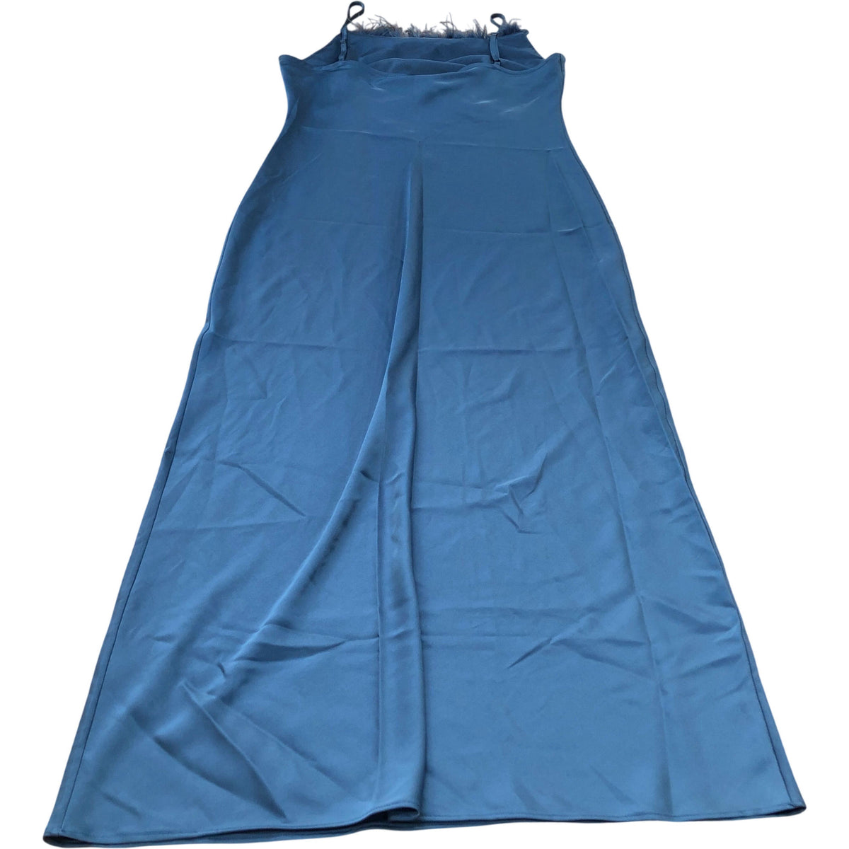 River Island Long Satin Dress Women's Blue with Feather Trim Spaghetti Str