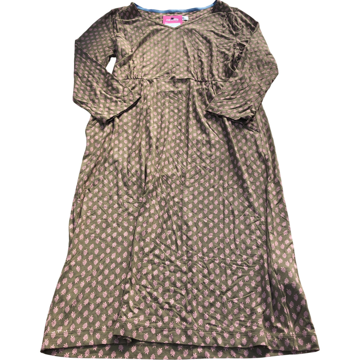 Long Sleeve Dress Size UK Size 10 Women's Floral V Neck Olive Green