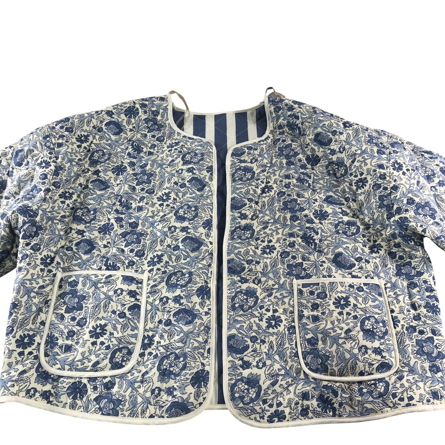 River Island Reversible Striped Floral Quilted Jacket Women's Blue Large
