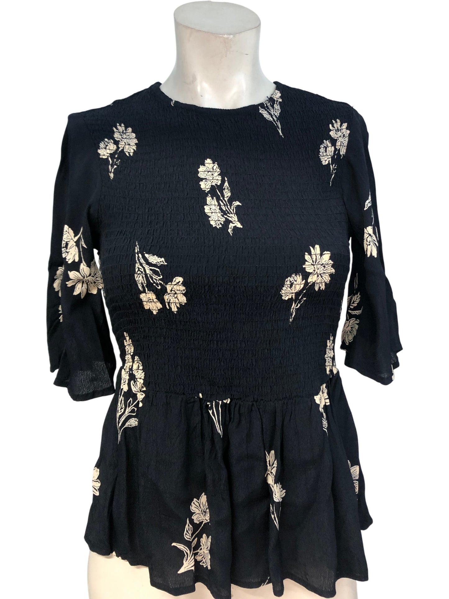 Rivers Island Casual Black Peplum Top UK6 Women's Floral Embroidery Short Sleeve