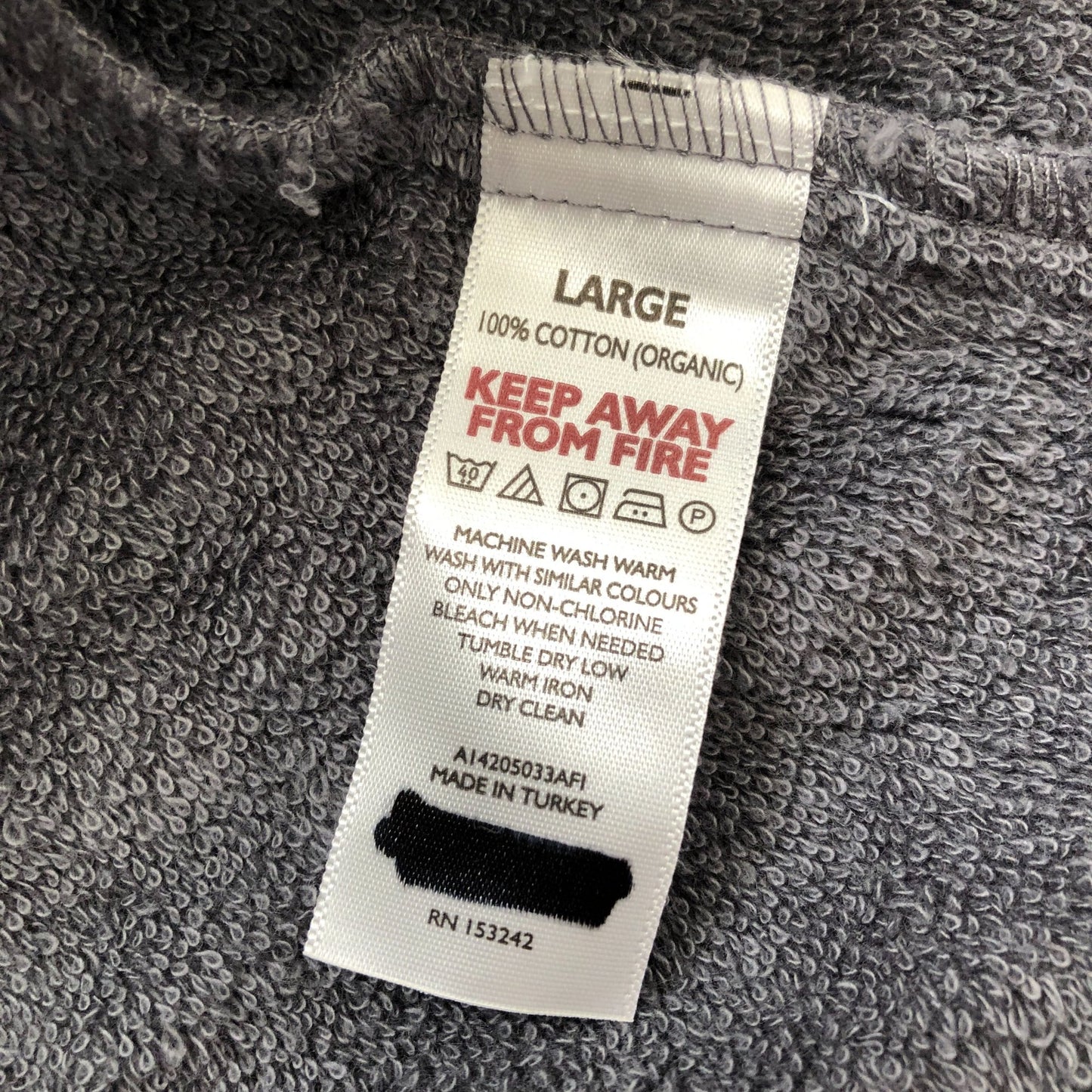 Dark Grey Fleece Hooded Robe 100% Organic Cotton Dressing Gown Size L