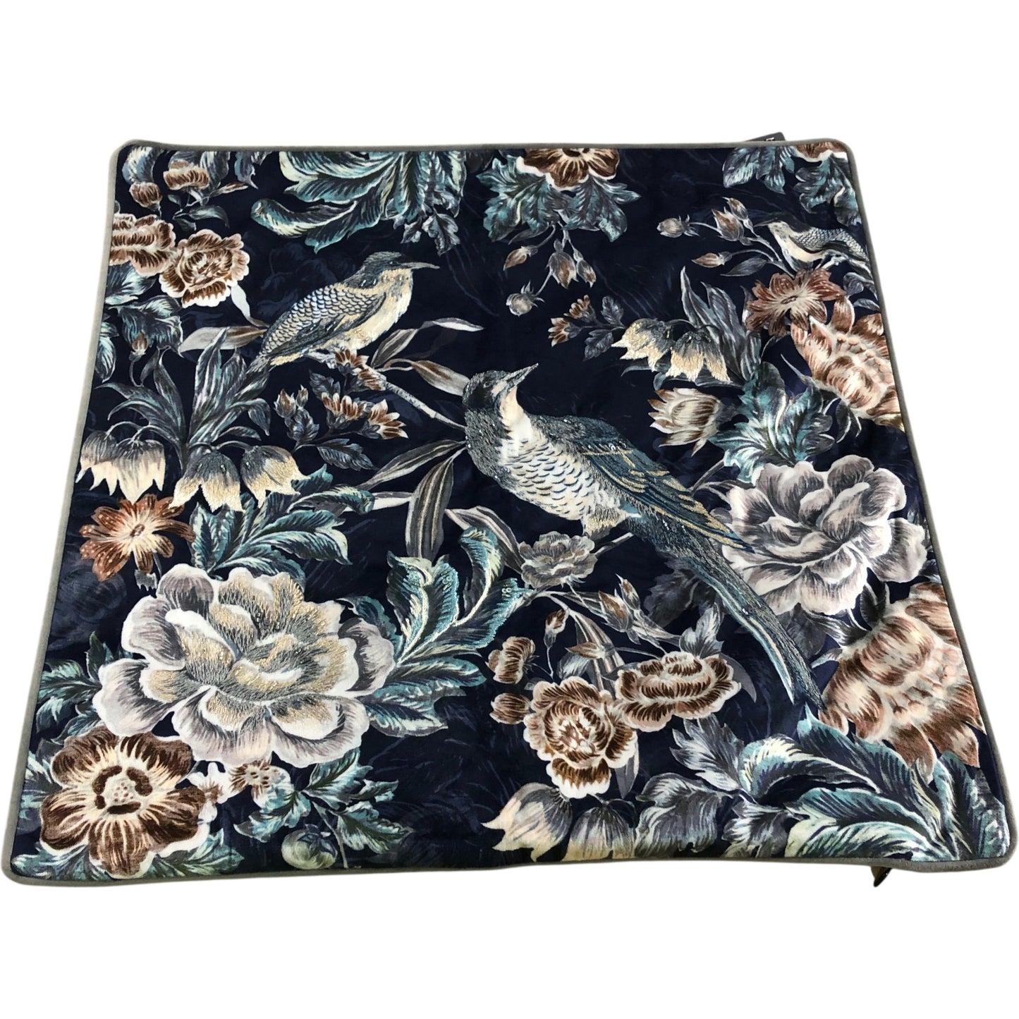 Velvet Floral Bird Embellished Cushion Cover Navy Blue 50 x 50cm