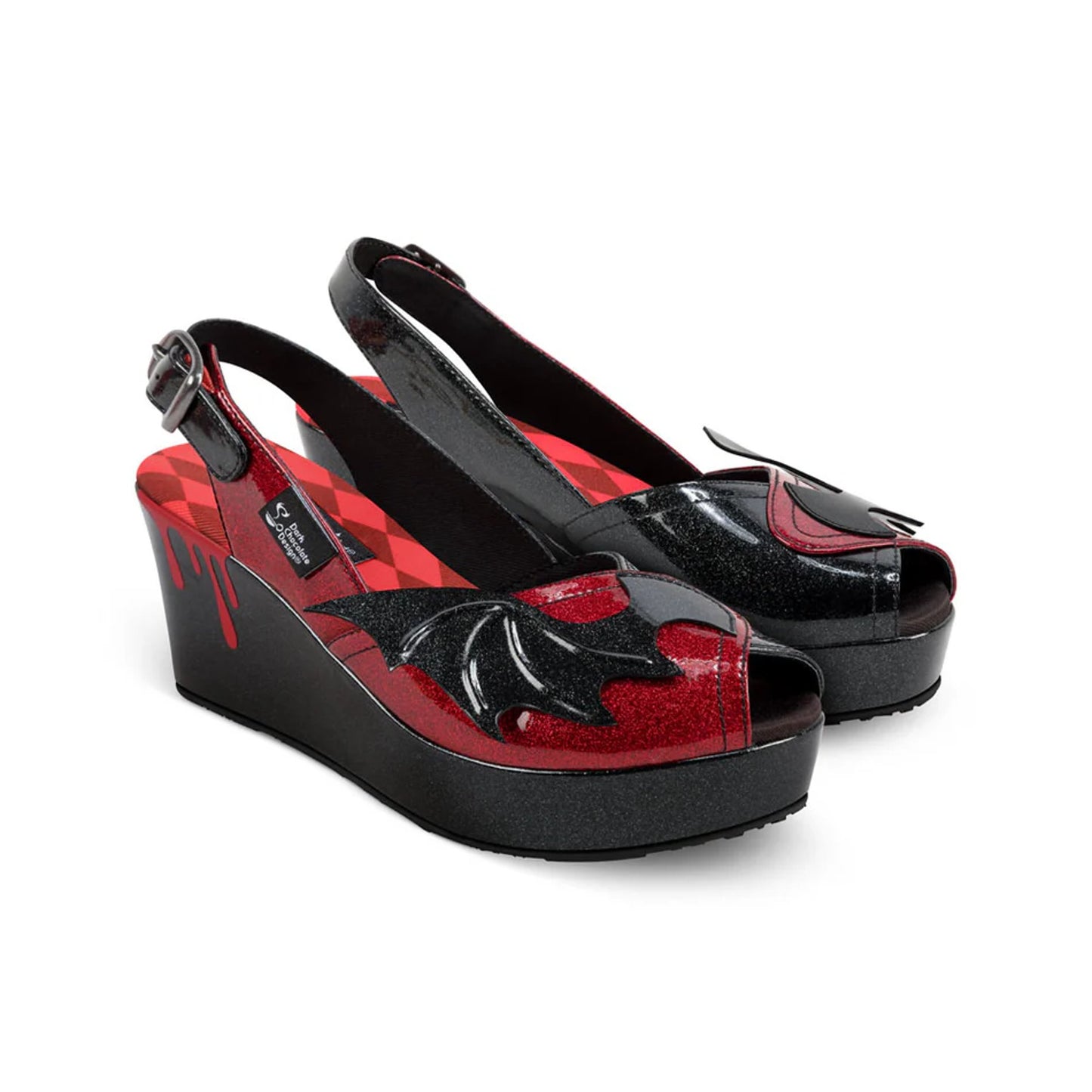 HOT CHOCOLATE DESIGN Bat Wedge Sandals UK5 Women's Black Red Glitter Slingback