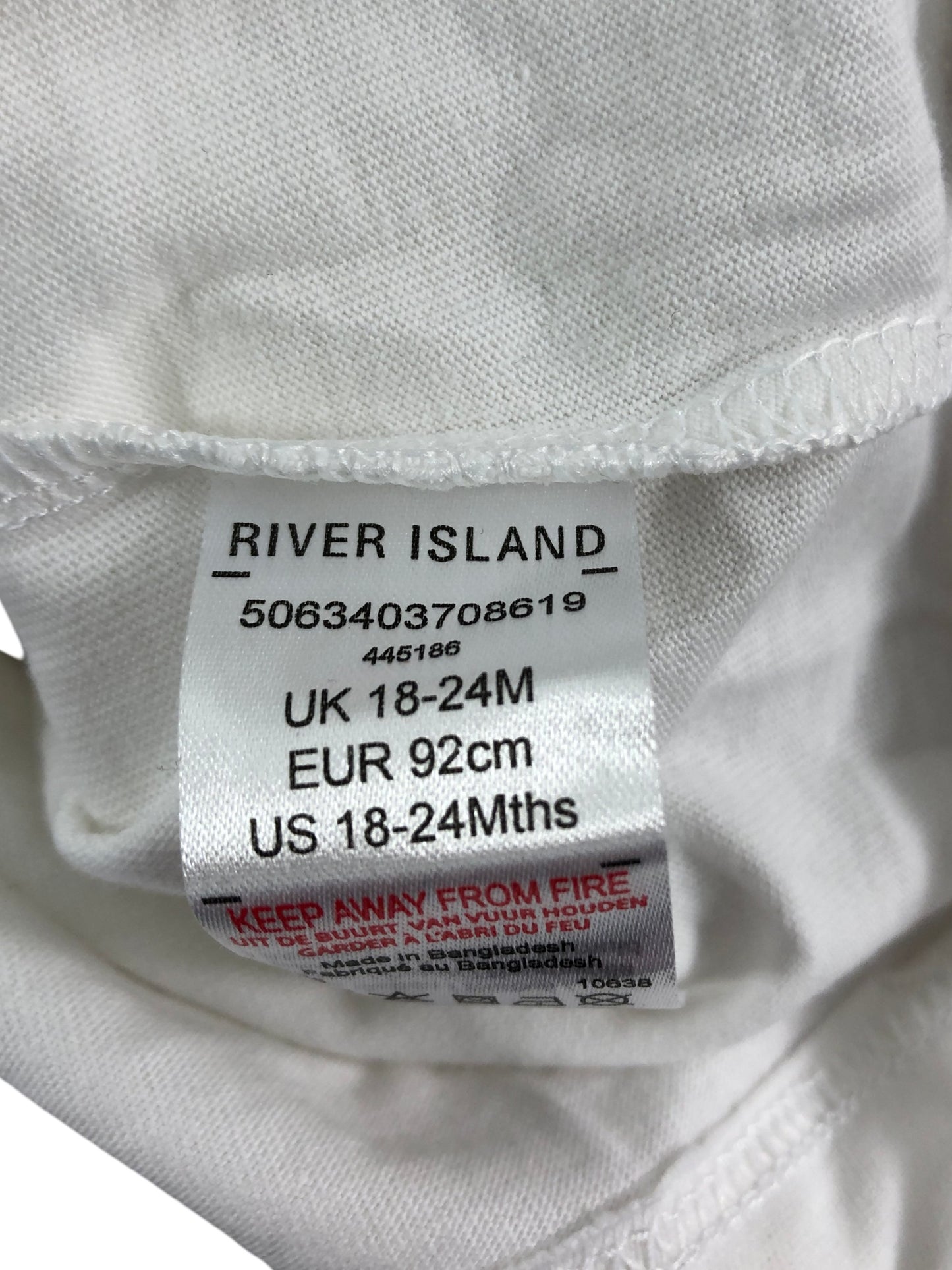 River Island Mini T-Shirt 18-24 Months Boys White Cotton Short Sleeve Top