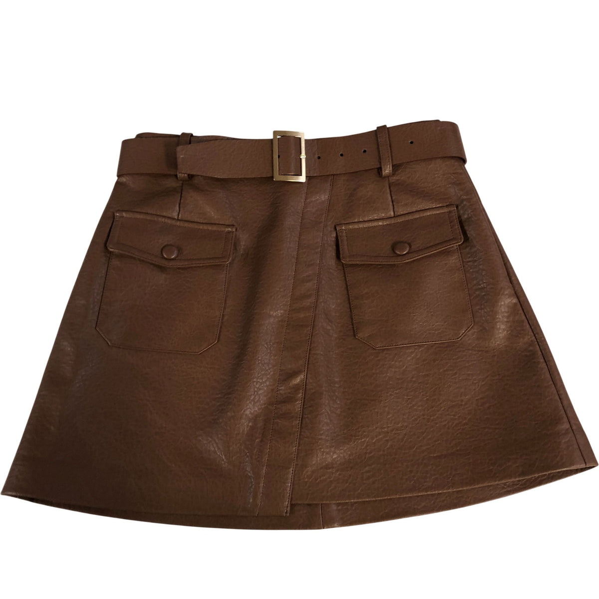 River Island Brown Faux Leather Skirt UK8 Women's A-Line Belted Pocket Detail