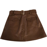 River Island Brown Faux Leather Skirt UK8 Women's A-Line Belted Pocket Detail