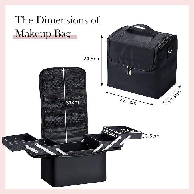 Joligrace Makeup Bag Cosmetic With Four Trays & Shoulder Strap Black
