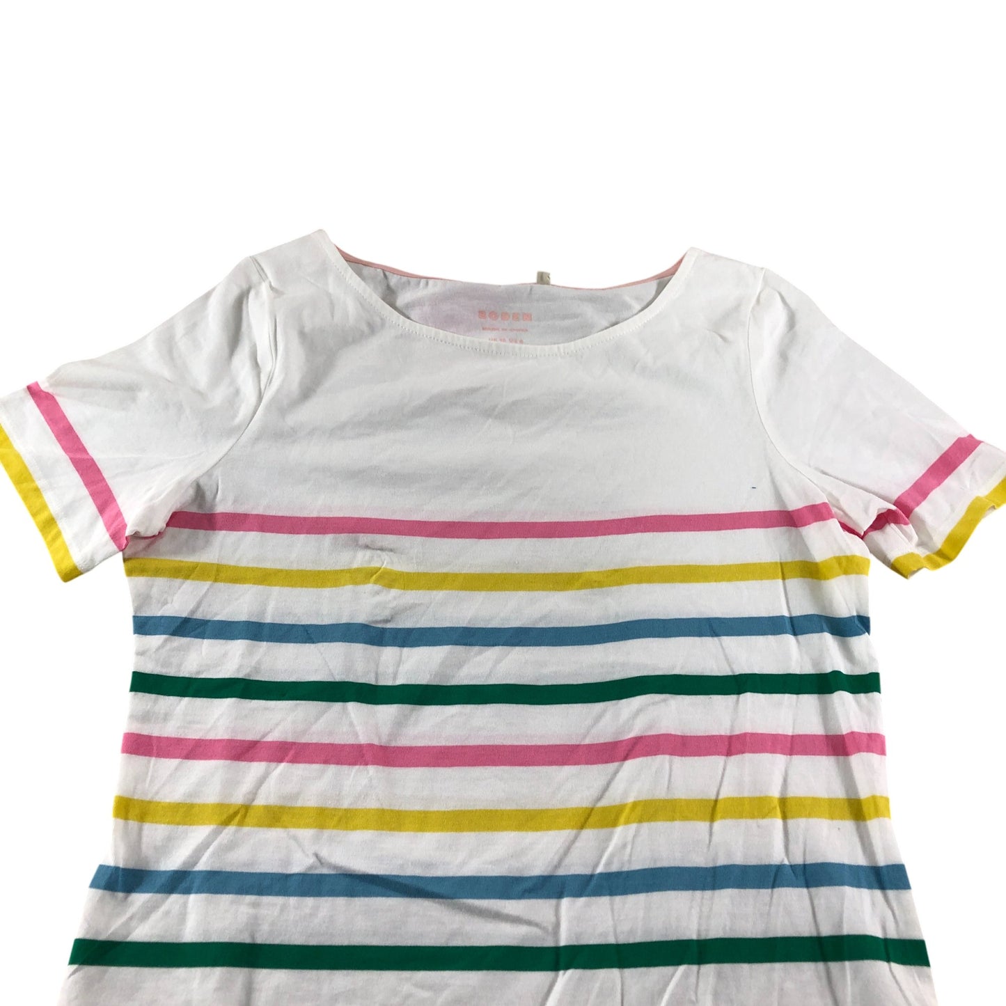 Boden Striped T-Shirt Women's Short Sleeve Cotton White Pink Green Yellow UK10