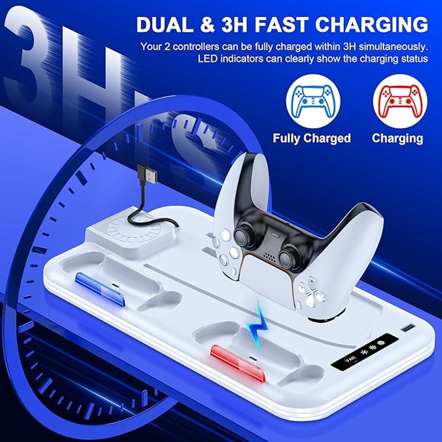 HEYLICOOL PS5 Slim Stand and Cooling Station with Dual Controller Charging