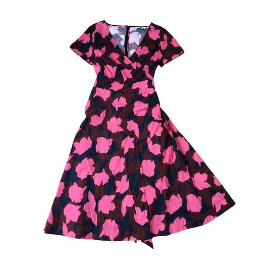 Stylish Floral Wrap Dress UK12 Women's V Neck Short Sleeve Midi Brown Pink