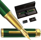 ELLINGTON PENS Luxury Fountain Pen Green Gold Trim New with 3 Ink Cartridges
