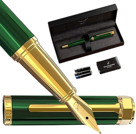 ELLINGTON PENS Luxury Fountain Pen Green Gold Trim New with 3 Ink Cartridges