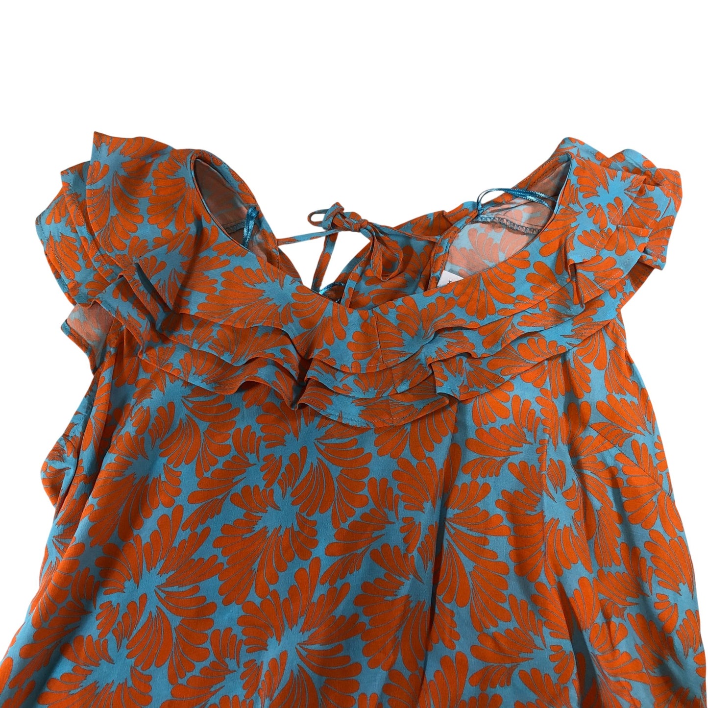 Floral Design Blouse Women's Short Sleeve Ruffle Blue Orange UK6
