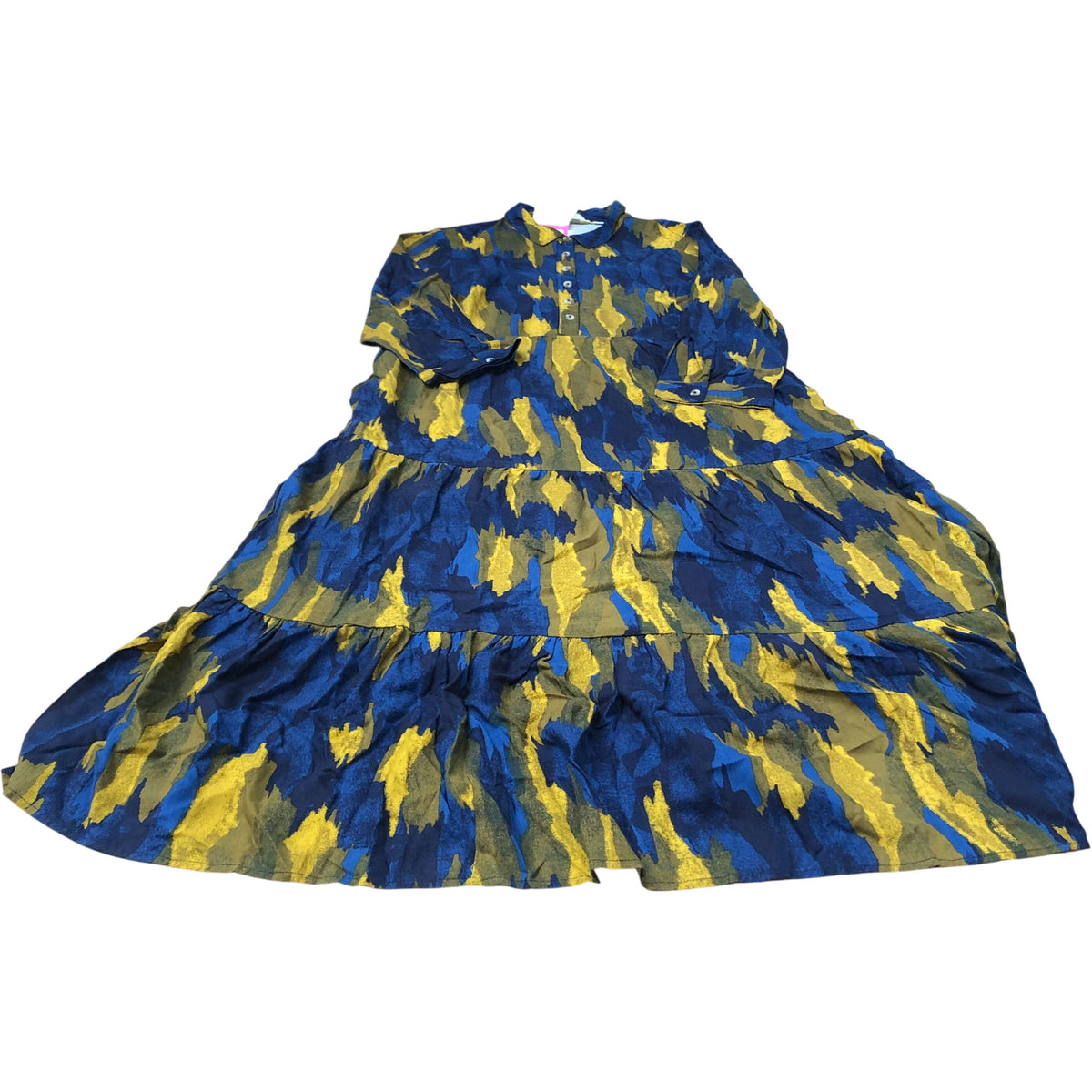 Viscose Dress UK Women's Long Sleeve Tiered Blue Yellow Print Size 12