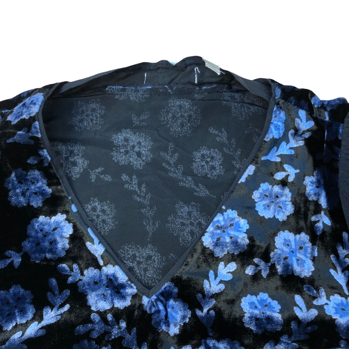 Floral Velvet Top UK Size 12 Women's Black Blue Blouse Short Sleeve