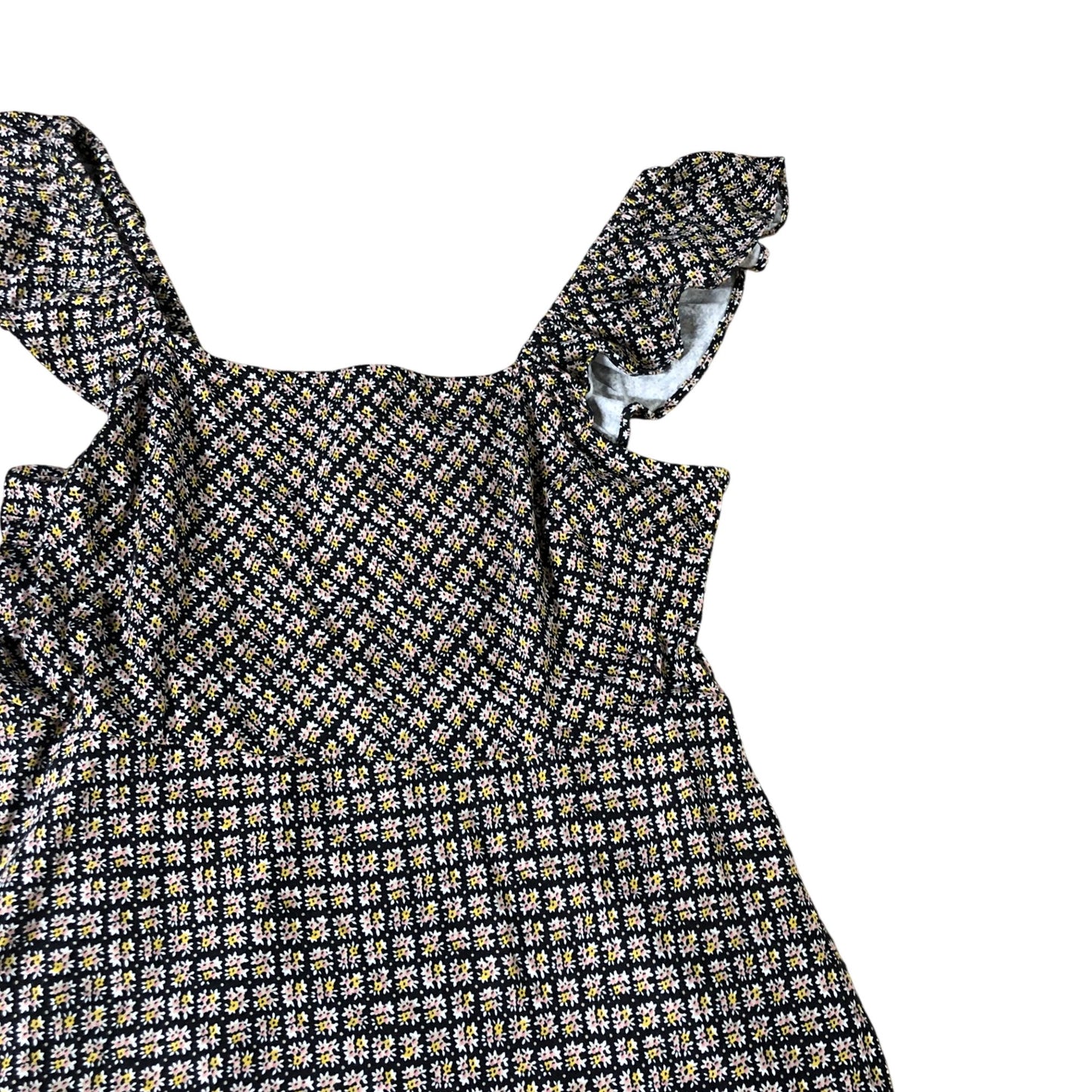 Floral Midi Dress Size 12 Women's Ruffle Strap Black Yellow White Pattern