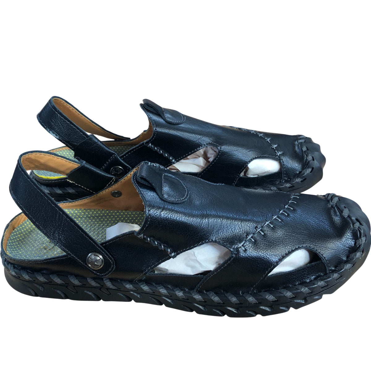 Black Leather Sandals Unisex Open Toe Adjustable Strap UK10.5