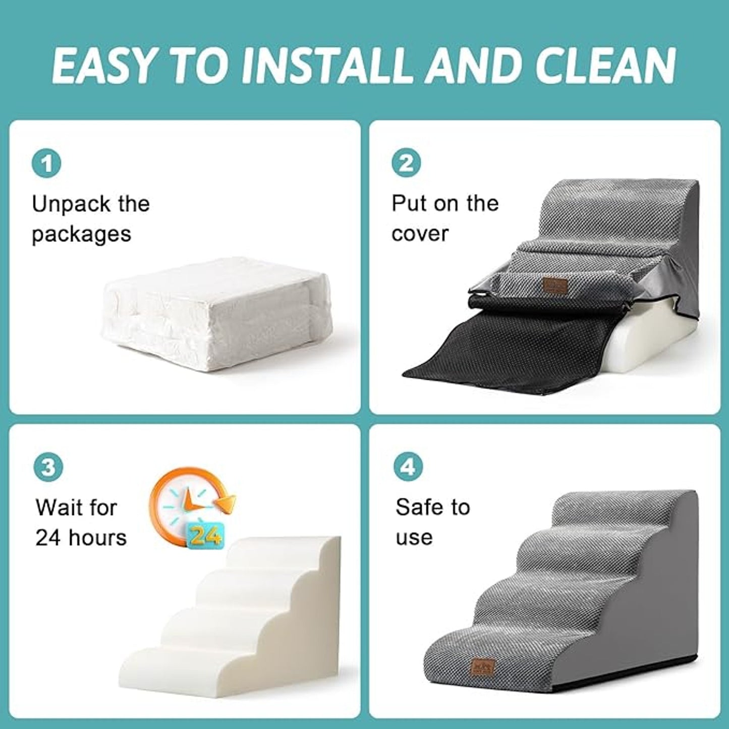 Cozy Kiss Dog 3 Steps Pet Ramp Three Steps Non Slip Lightweight Washable Grey