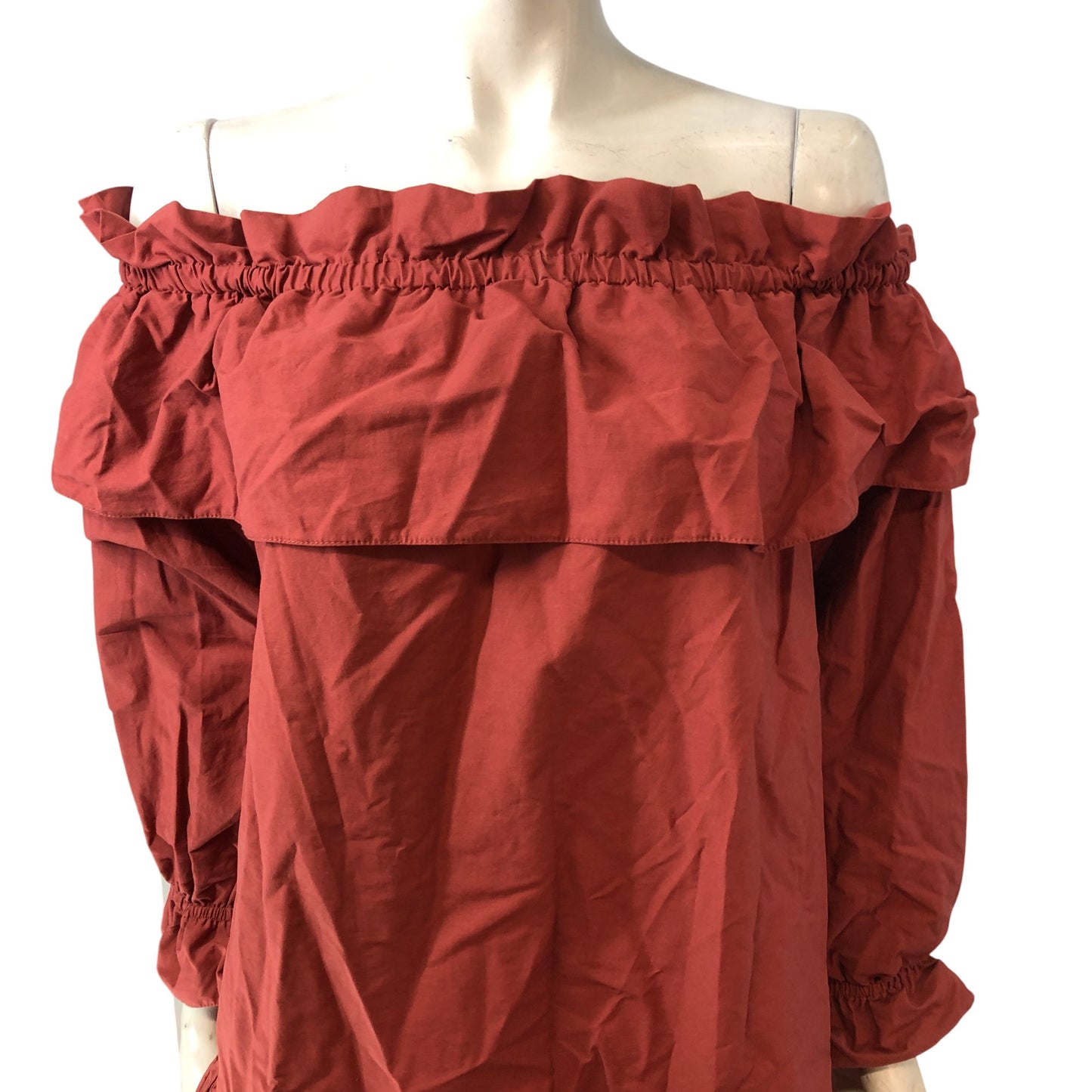 River Island Off The Shoulder Ruffle Dress UK12 Women's Cotton A-Line Rust Red