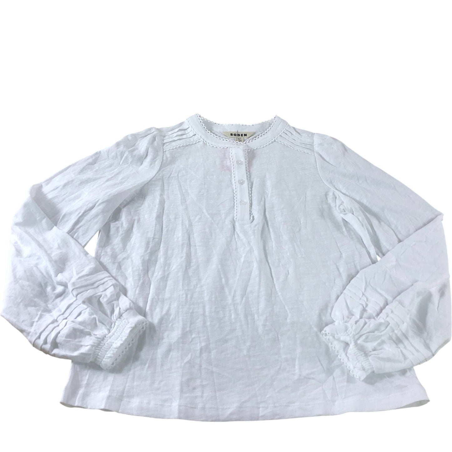 Boden White Long Sleeve Frill Henley Top - Size 10
