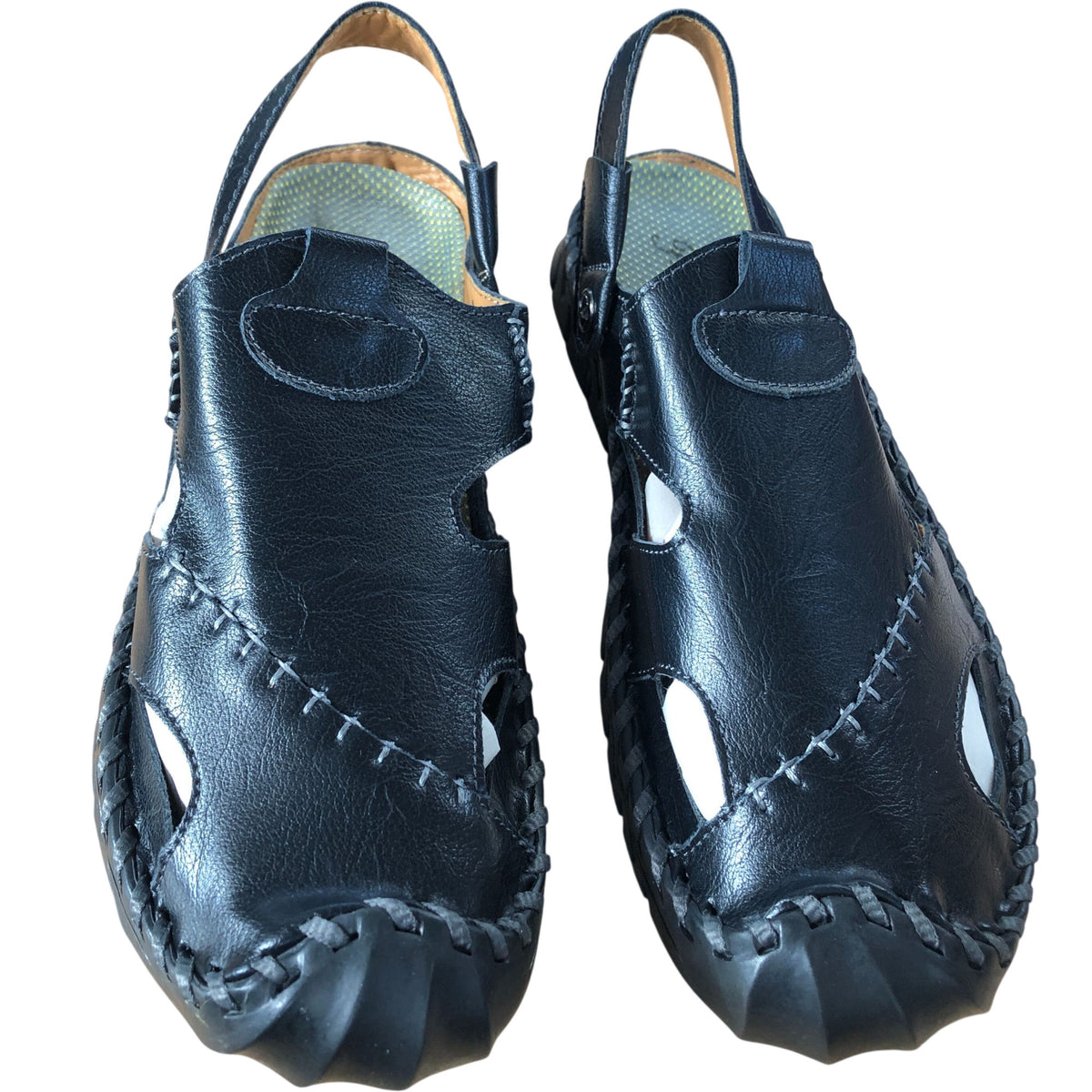 Black Leather Sandals Unisex Open Toe Adjustable Strap UK10.5