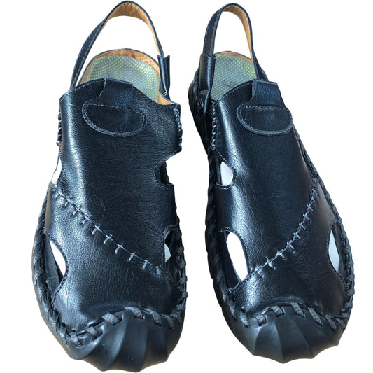 Black Leather Sandals Unisex Open Toe Adjustable Strap UK10.5