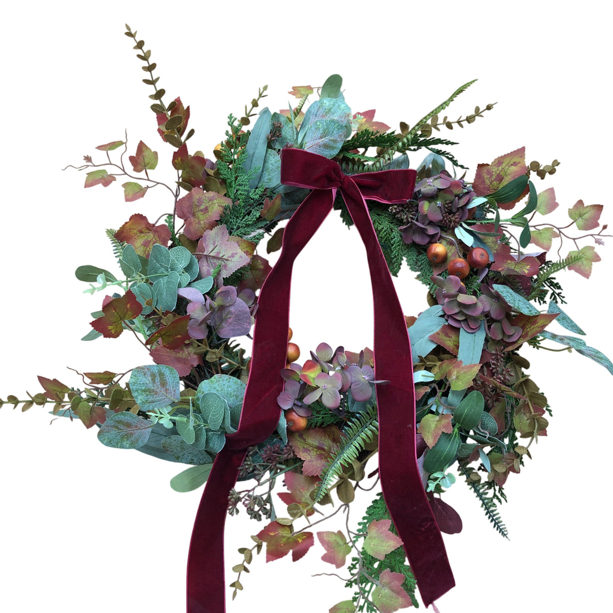 Faux Floral Wreath With Red Velvet Bow Autumn Decoration 18 Inch