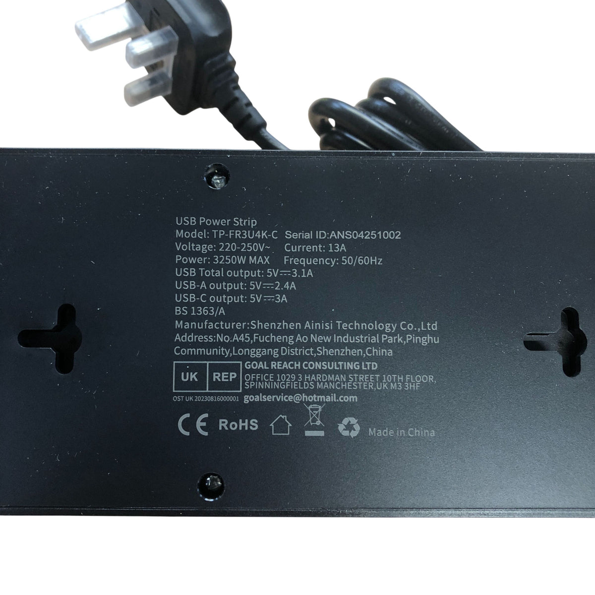 Toprek USB Power Strip 4 Outlets 2 USB-A Ports 1 USB-C Black 13A 3250W