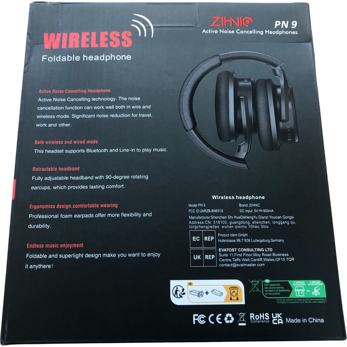 Zihnic PN9 Wireless Foldable Headphone Active Noise Cancelling Bluetooth