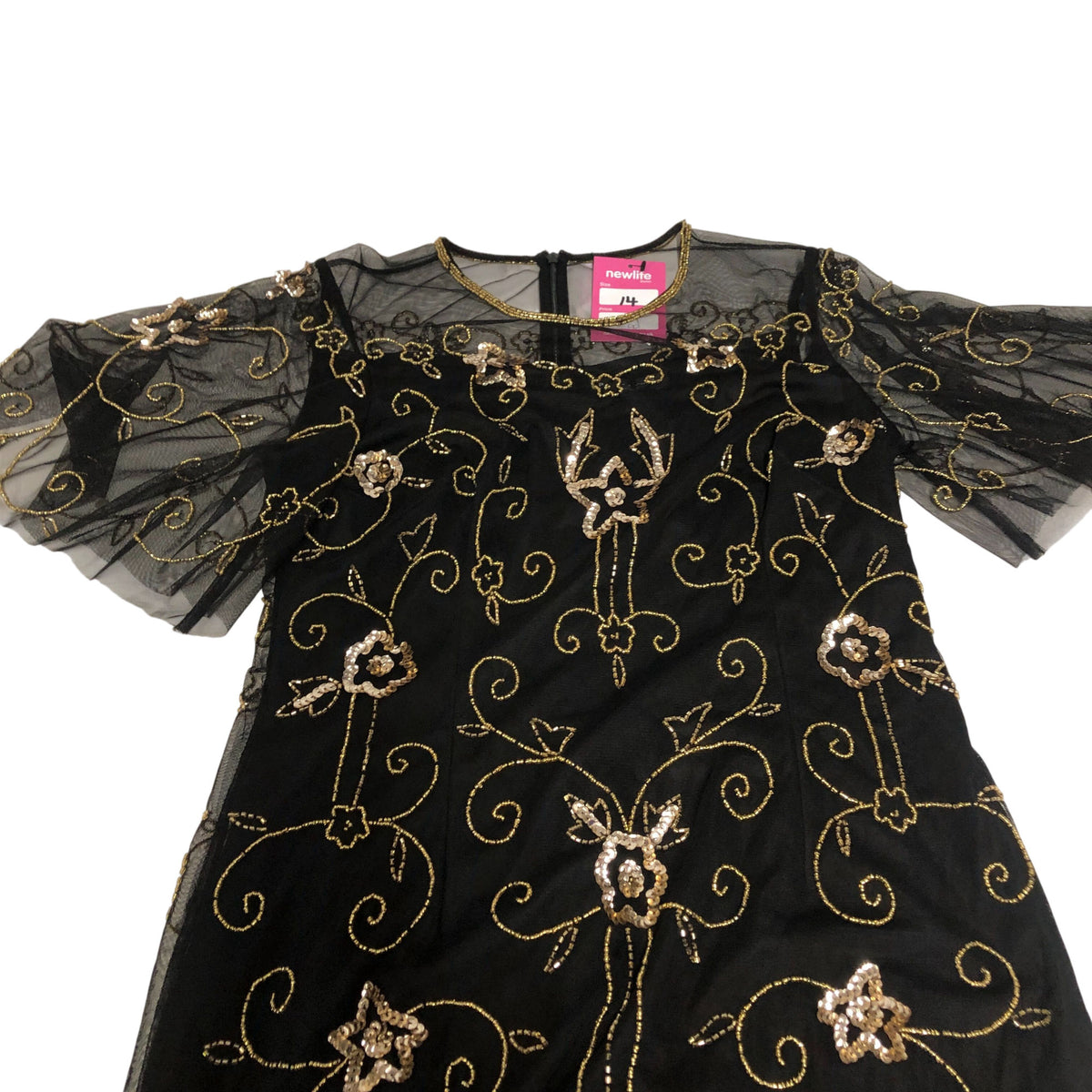 Women's Black Floral Beaded Embroidered Dress Short Sleeve UK14