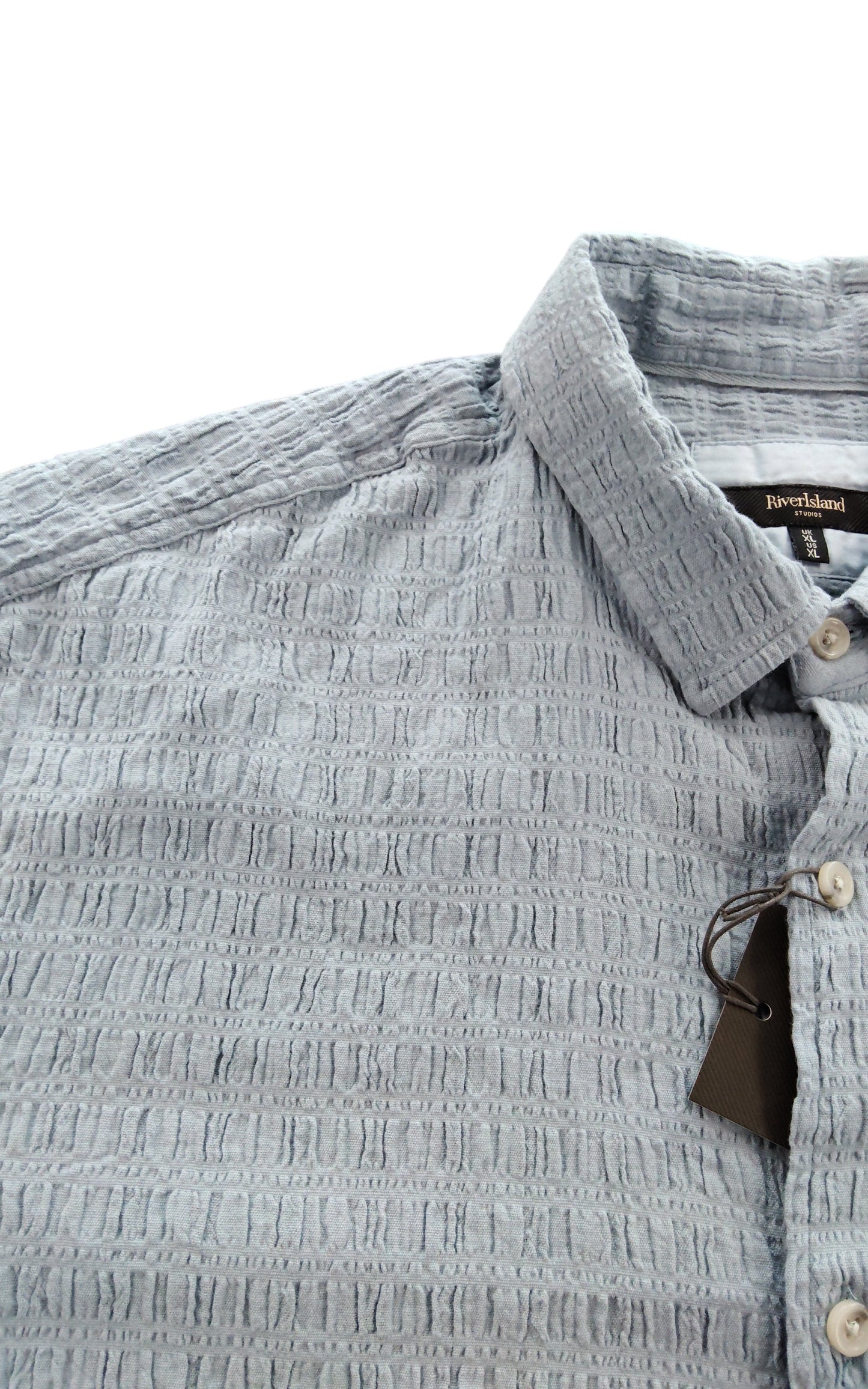 River Island Short Sleeve Shirt XL Men's Casual Light Blue Textured